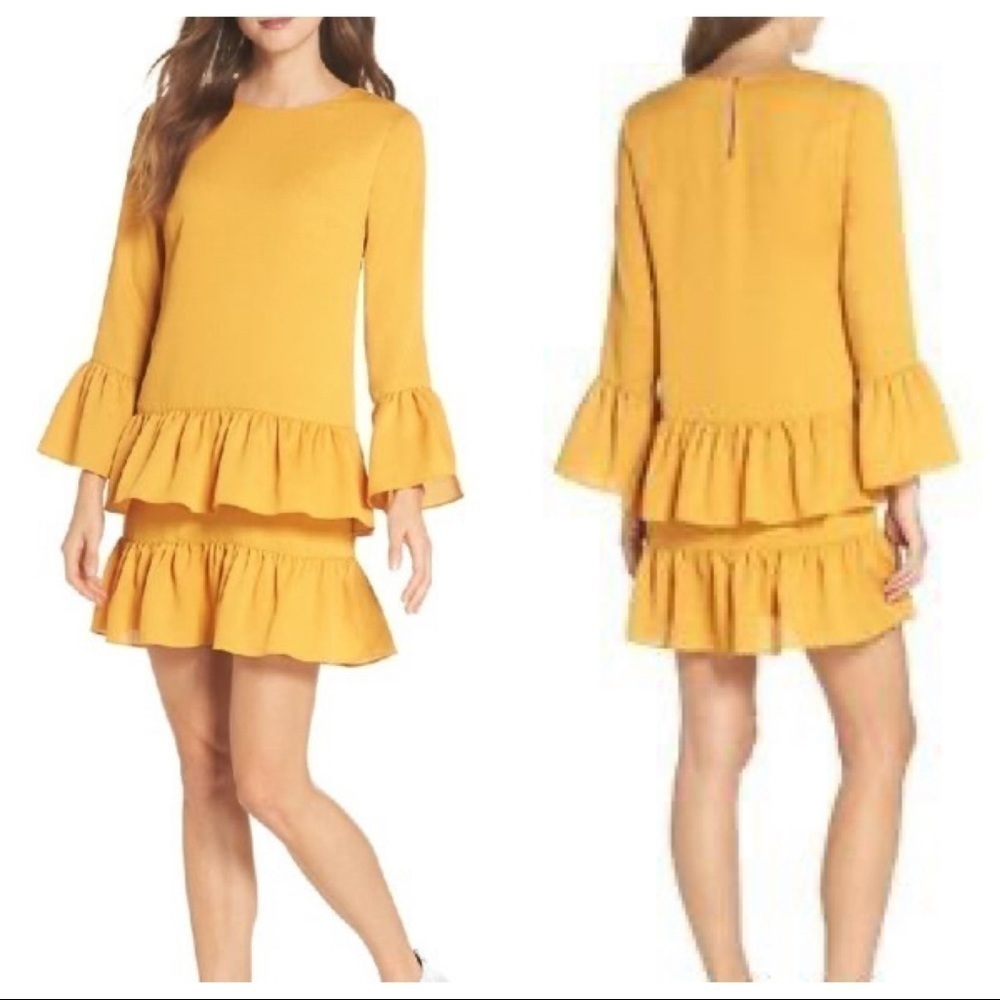 CHELSEA28 MUSTARD FLOUNCE TIERED RUFFLE DRESS